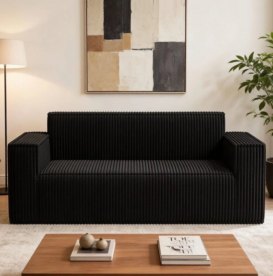 Divano Due Posti in Velluto a Coste Nero, Seduta Profonda e Comfort Elevato, Senza Gambe e Facile da Trasportare