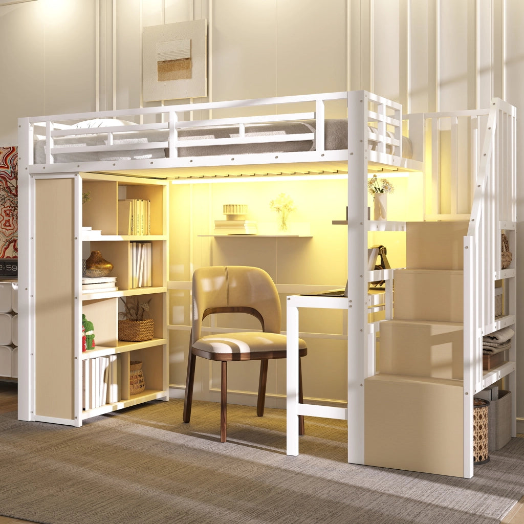 Letto a soppalco 90 × 200 cm 1 posto con scrivania, mensole, scaletta contenitore e LED, senza materasso, bianco