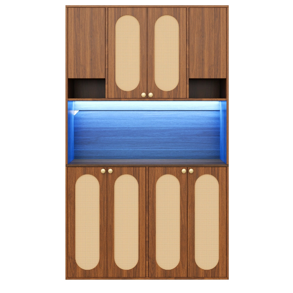 Credenza alta con 8 ante e vano bar aperto con LED regolabile in MDF naturale per sala da pranzo e soggiorno 106 × 40 × 178 cm