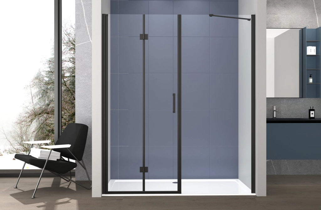 Box doccia Angolare 90x100 cm porta a soffietto + fisso H200 cm cristallo 6 mm profilo NERO OPACO ZAIRA