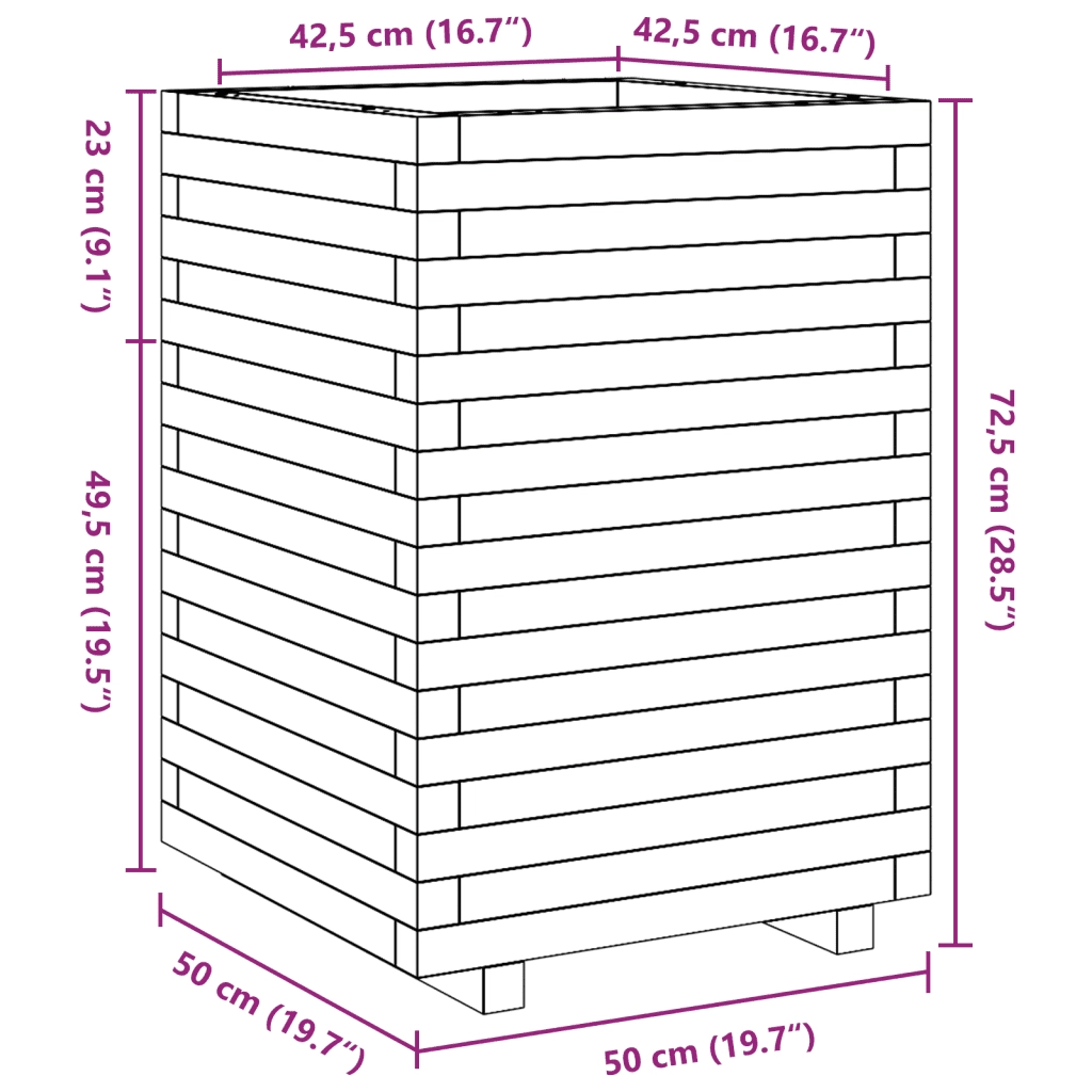 Fioriera | Cassetta per fiori | Vaso Giardino Marrone Cera 50x50x72,5cm Legno Massello Pino