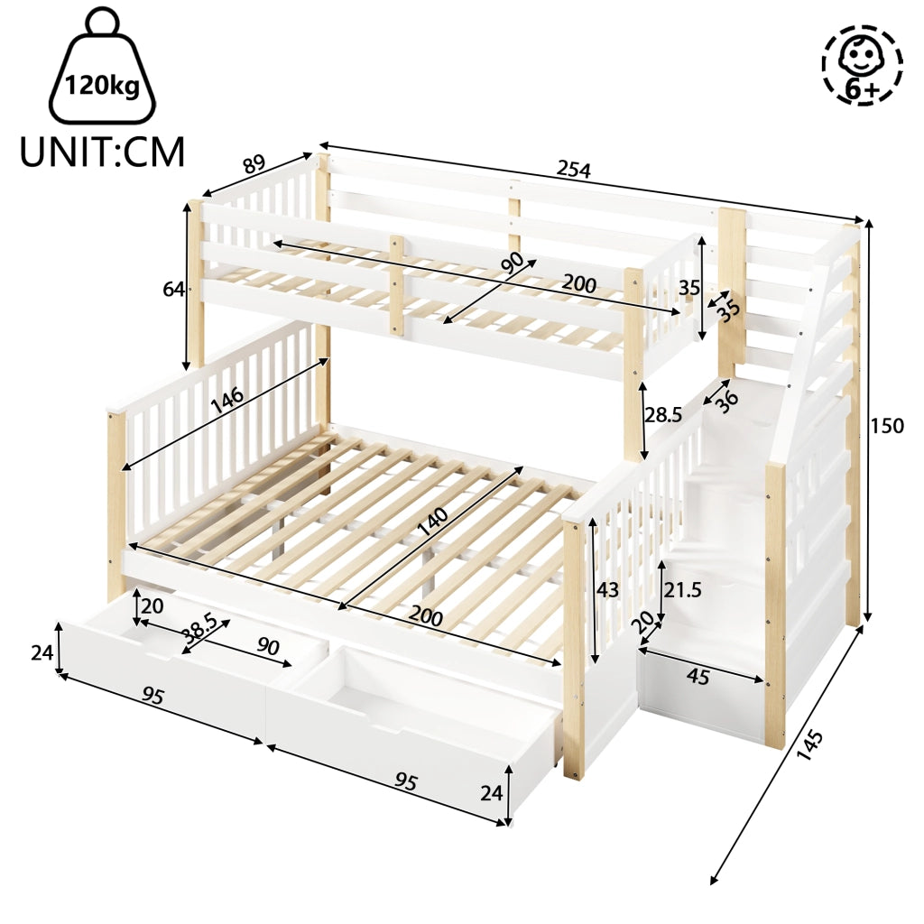 Letto a castello 90×200 cm e 140×200 cm con cassetti; contenitore e scala; senza materasso; bianco e naturale