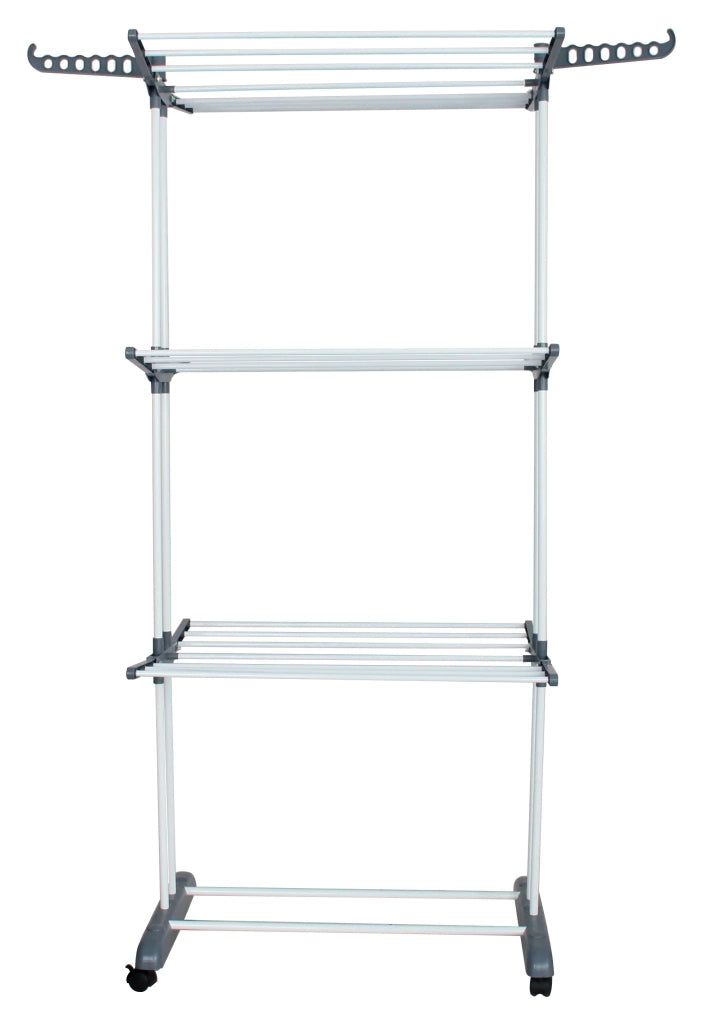 Stendibiancheria Rodrigo a 3 Piani in Metallo Bianco e Grigio, Stendino Verticale Salvaspazio per Interni ed Esterni, Dimensioni 64x74x170 cm, Profondità Estensibile fino a 120 cm