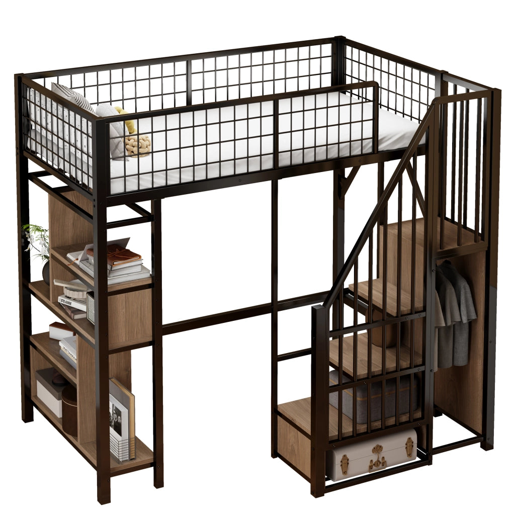 Letto a soppalco 90x200 cm con scala contenitore, struttura in metallo e legno, nero