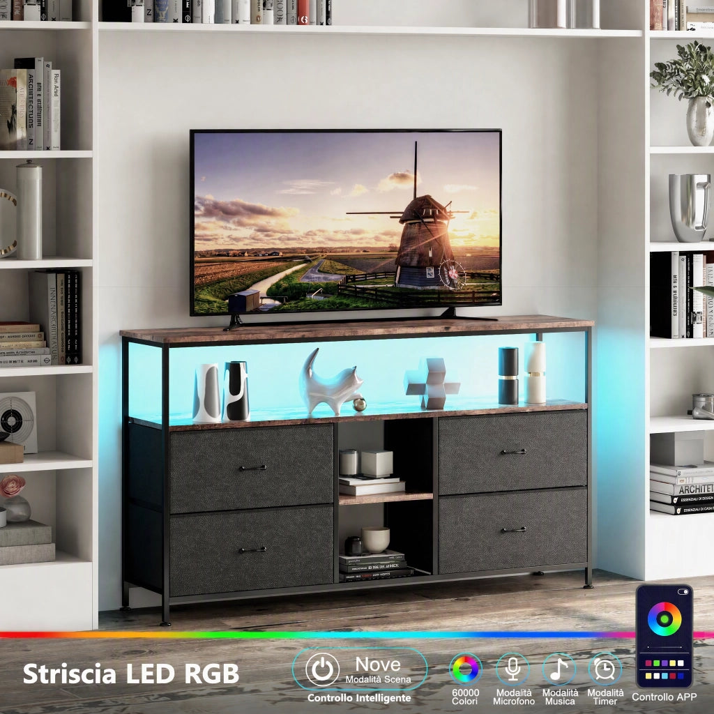 Mobile TV 108x29x76 cm, Mobile Soggiorno con 2 Ripiani e 4 Cassetti, Luci LED RGB con Cassetti e Ripiani Aperti per Soggiorno, Camera da Letto, Nero