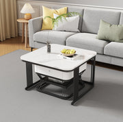 Set di 2 Tavolini da Salotto con Ripiano in Imitazione Marmo Lucido e Telaio in Metallo Nero, 70x70x45 cm + 50x50x40 cm, Bianco e Nero
