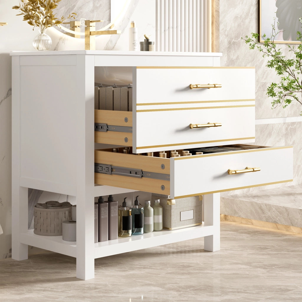 Mobiletto con lavabo da bagno a terra in MDF con lavabo in ceramica 2 cassetti vano aperto bianco e oro 76 cm