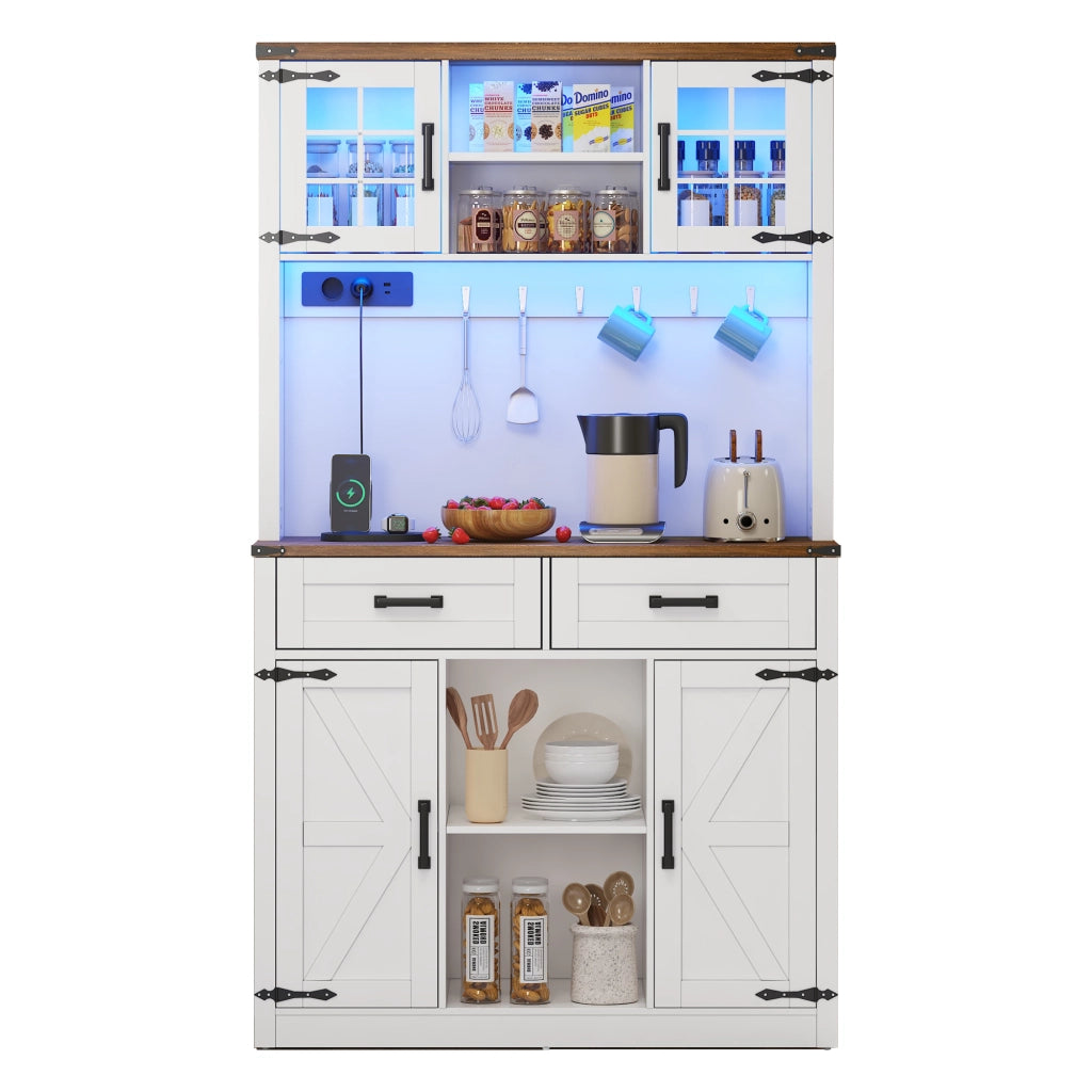 Mobile bar con LED regolabili; prese e porte USB; design rustico; MDF marrone e bianco