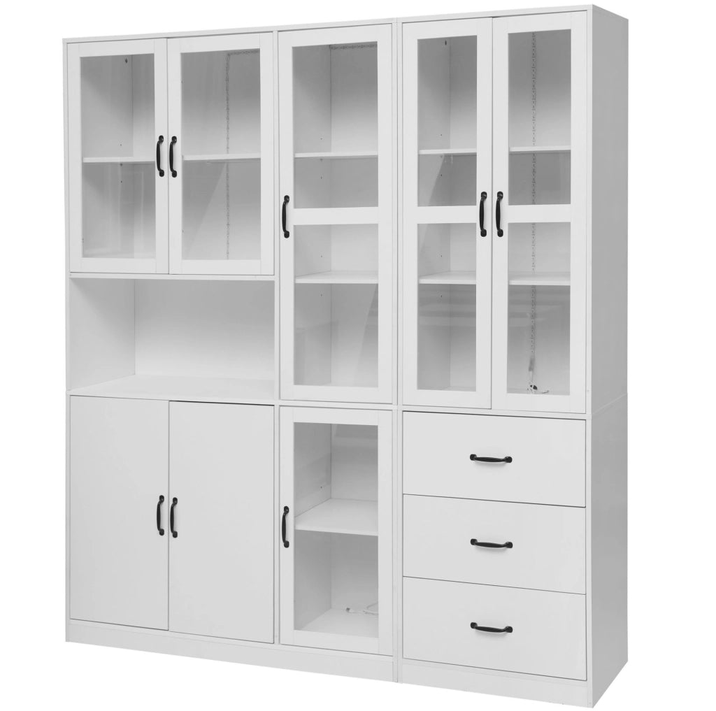 Set vetrina combinato bianco con LED, 8 ante e 3 cassetti