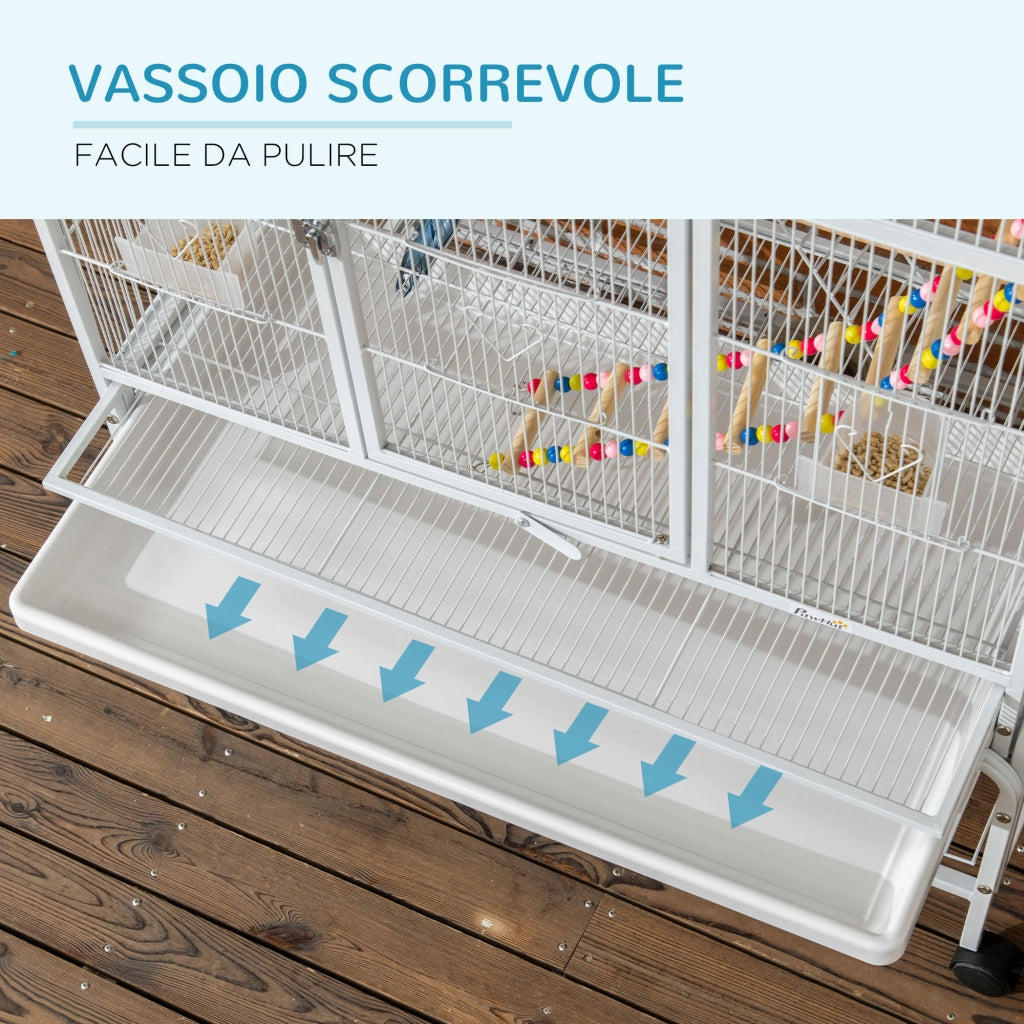 EasyComfort Gabbia per Uccelli in Acciaio e PP con Posatoi, Giochi, Contenitori per Cibo e Vassoio, 83x53x180 cm, Bianco