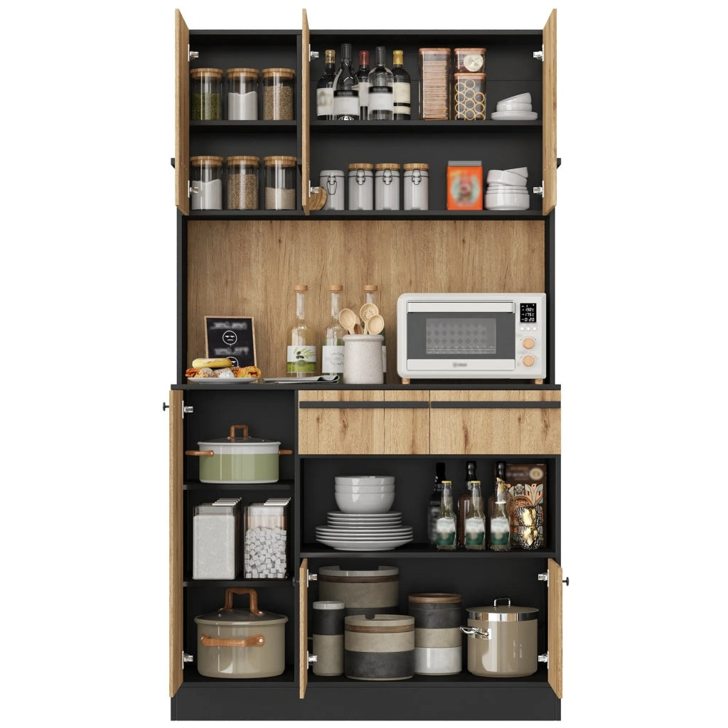 Armadio da cucina alto con illuminazione LED, 2 cassetti e ripiani regolabili, vetrina per soggiorno e sala da pranzo, 100x40x180 cm