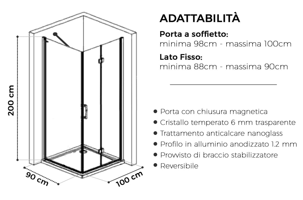 Box doccia Angolare 90x100 cm porta a soffietto + fisso H200 cm cristallo 6 mm profilo NERO OPACO ZAIRA