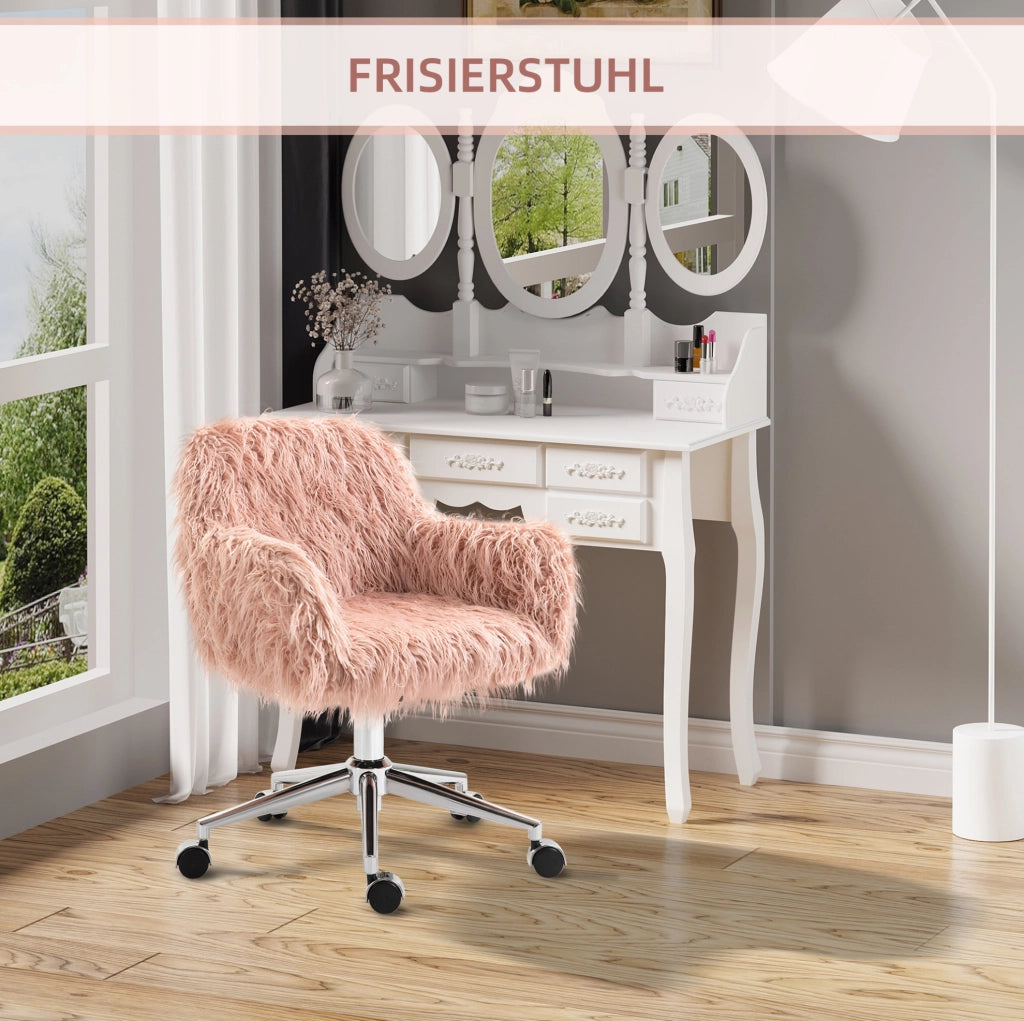 Sedia da ufficio ergonomica rosa in pelliccia sintetica con base in metallo regolabile in altezza