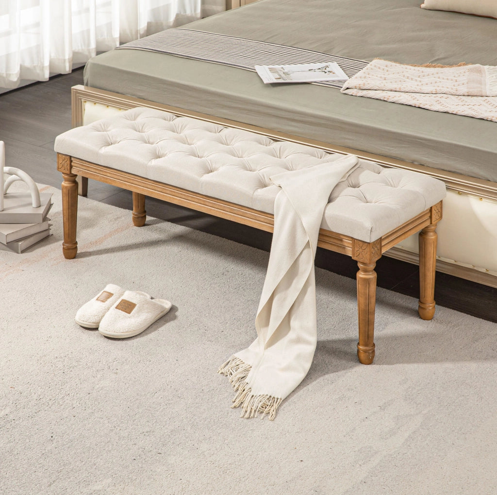 Panca imbottita 120x41x48 cm con rivestimento in poliestere color bianco crema