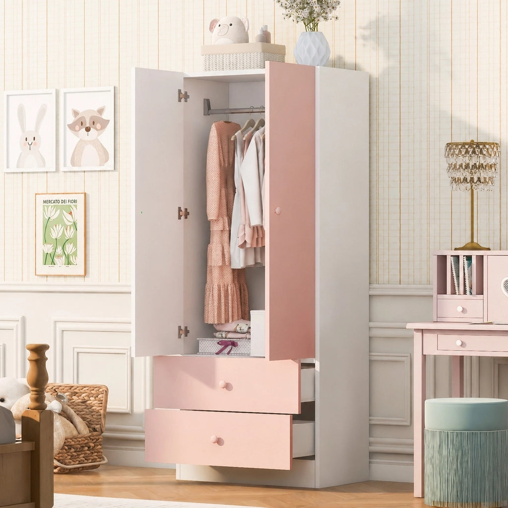 Armadio guardaroba rosa e bianco 70 x 40 x 170 cm, bicolore con due cassetti e ante, compensato e MDF