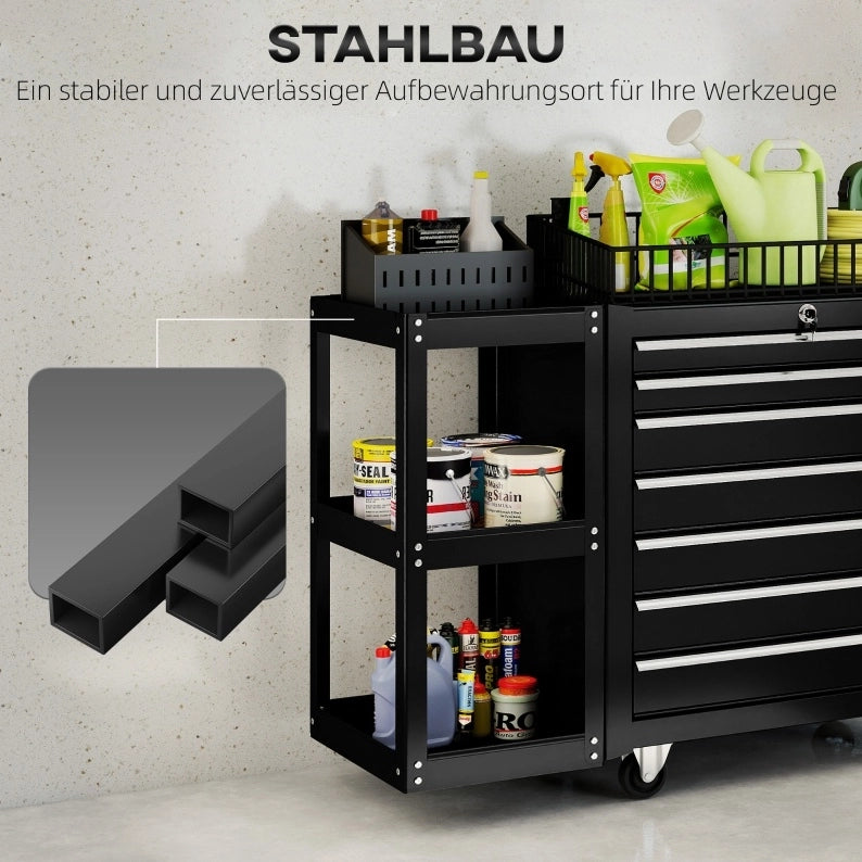 Carrello da officina 96x33,5x75 cm in acciaio nero, 7 cassetti, salvaspazio –