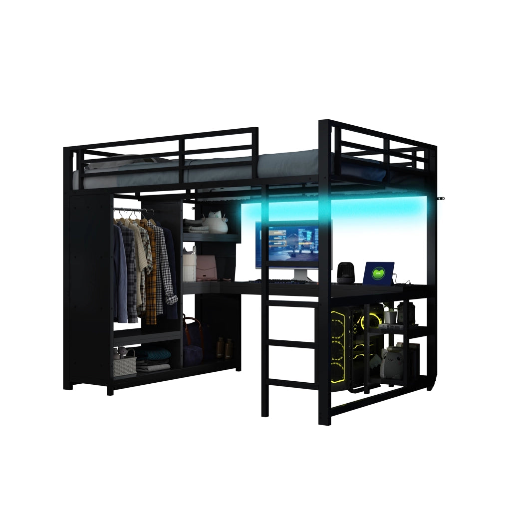 Letto a soppalco 140 × 200 cm con scrivania armadio aperto ripiani LED e stazione di ricarica in metallo nero
