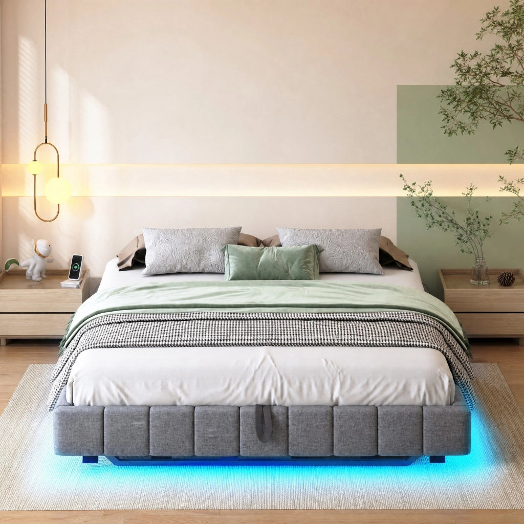 Letto imbottito sospeso 160x200 cm con vano contenitore e luce LED