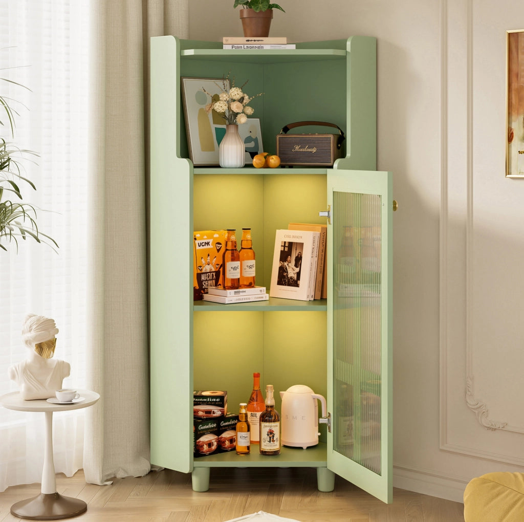 Mobile ad angolo con LED controllati da app; 1 vano aperto e 1 armadietto; MDF verde
