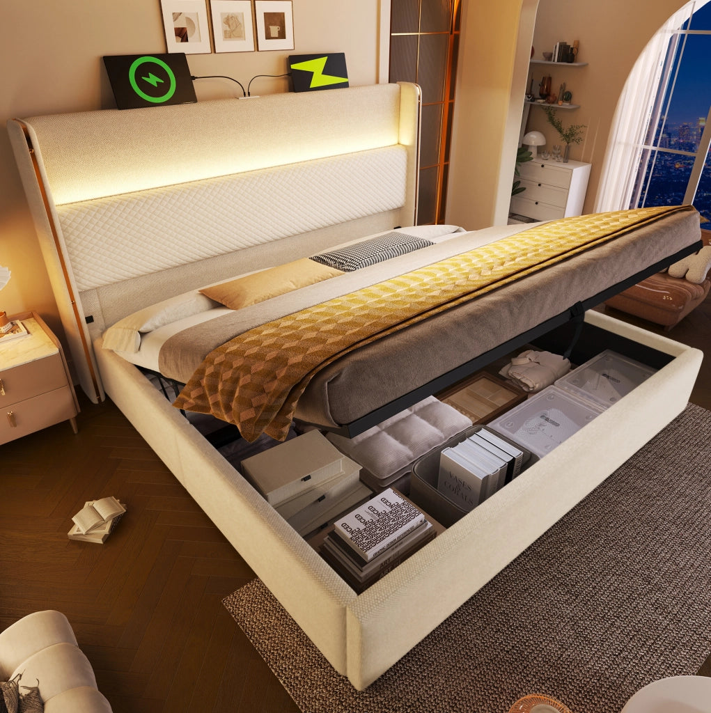 Letto contenitore idraulico 180x200 cm con testiera alta; LED; USB/Type-C; materasso; beige