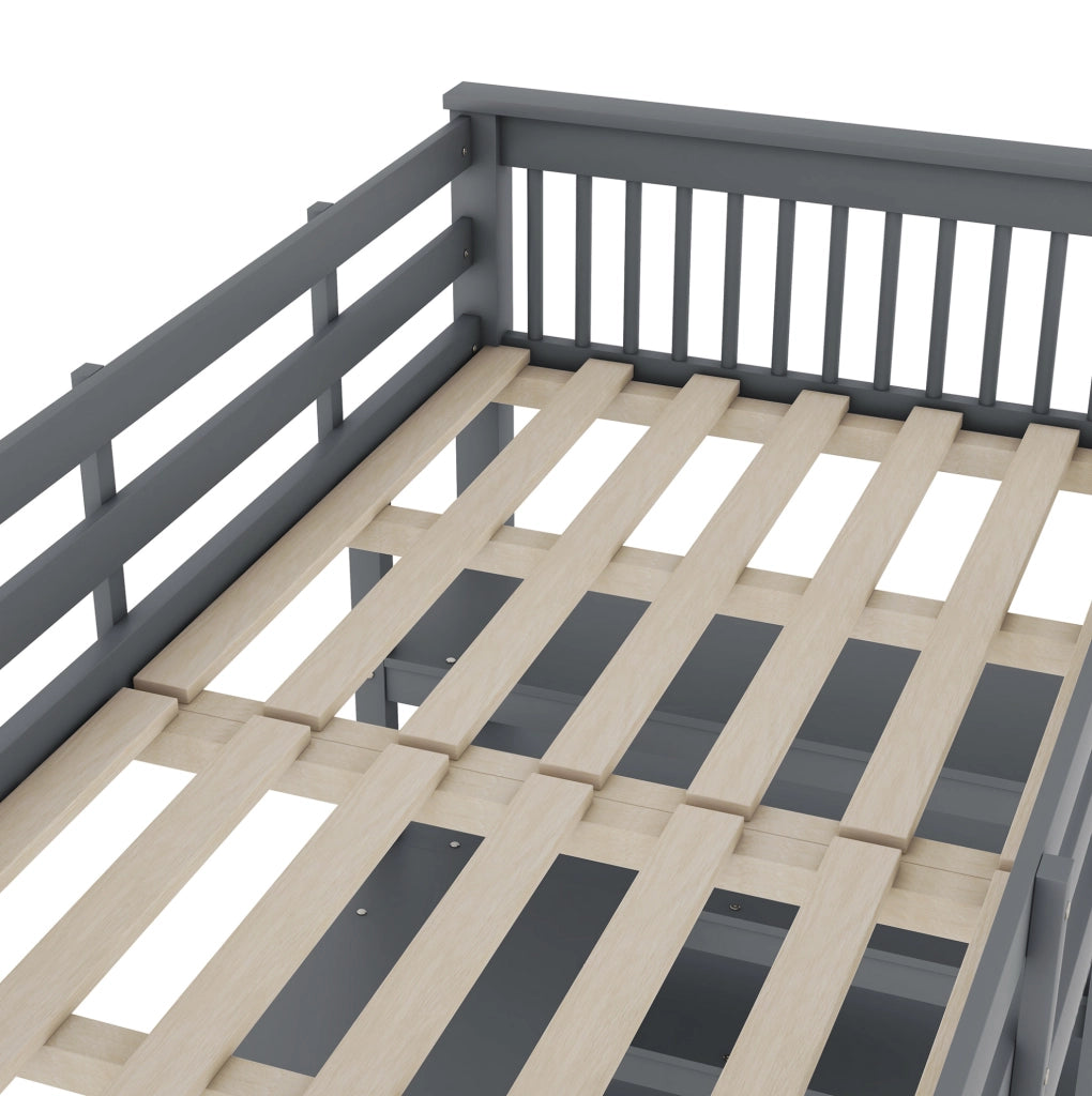 Letto a soppalco 90x200 cm con scrivania e ripiani; grigio