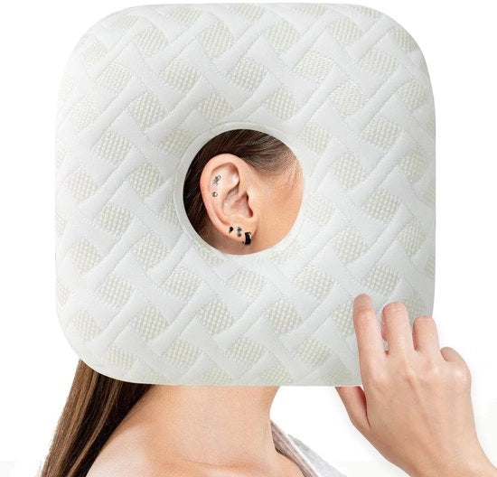 Supporto per orecchie con foro 28 × 28 × 7 cm - Supporto ergonomico per orecchie - Allevia il dolore alle orecchie - Supporto allergenico - Pieno di poliestere e cotone