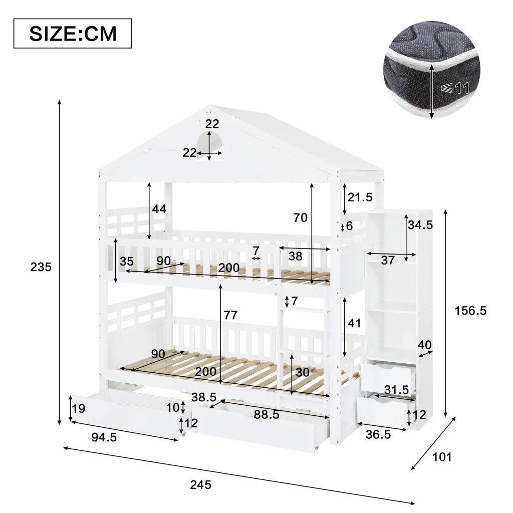Letto a castello per bambini 90 × 200 cm a casetta bianco con scala due cassetti armadio laterale e protezioni