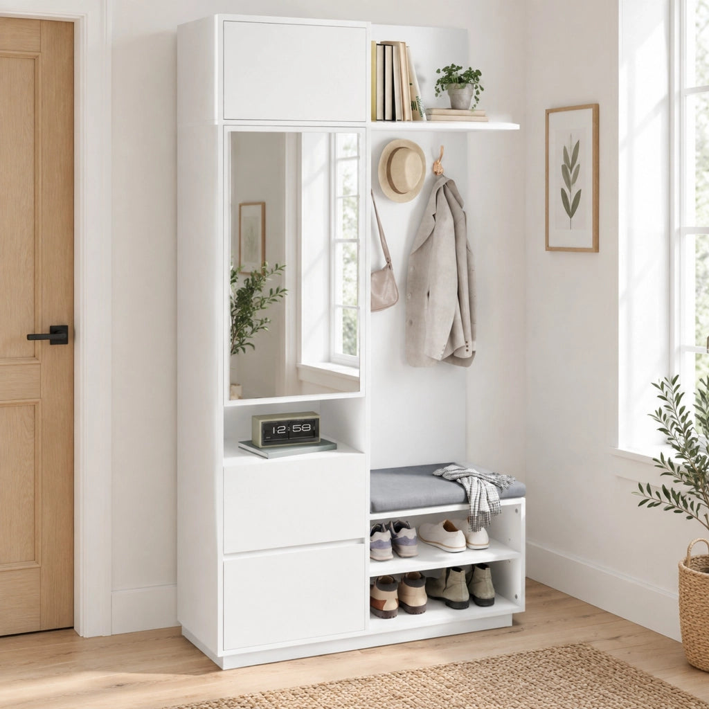 Guardaroba da ingresso compatto 5 in 1 bianco in MDF