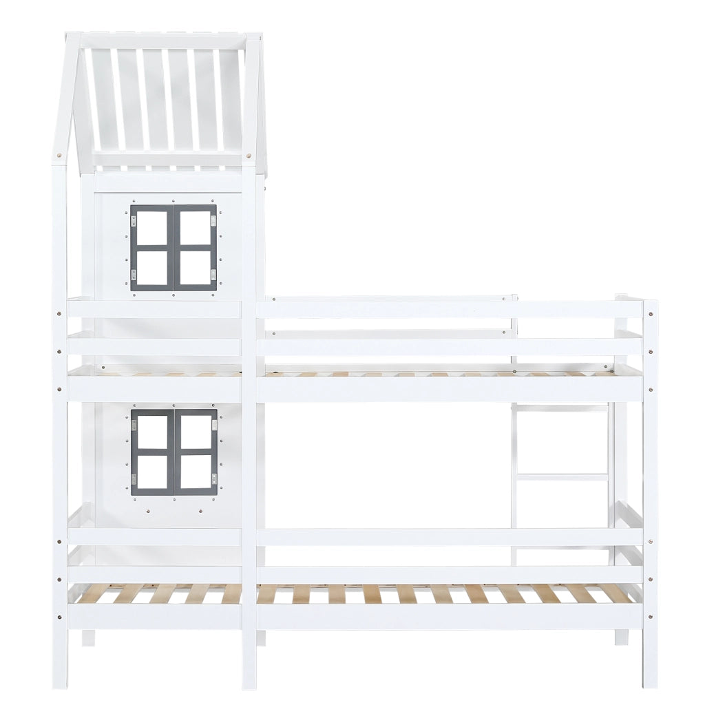 Letto a castello per bambini 90 × 200 cm in legno e MDF bianco e grigio con finestre scala e parapetti