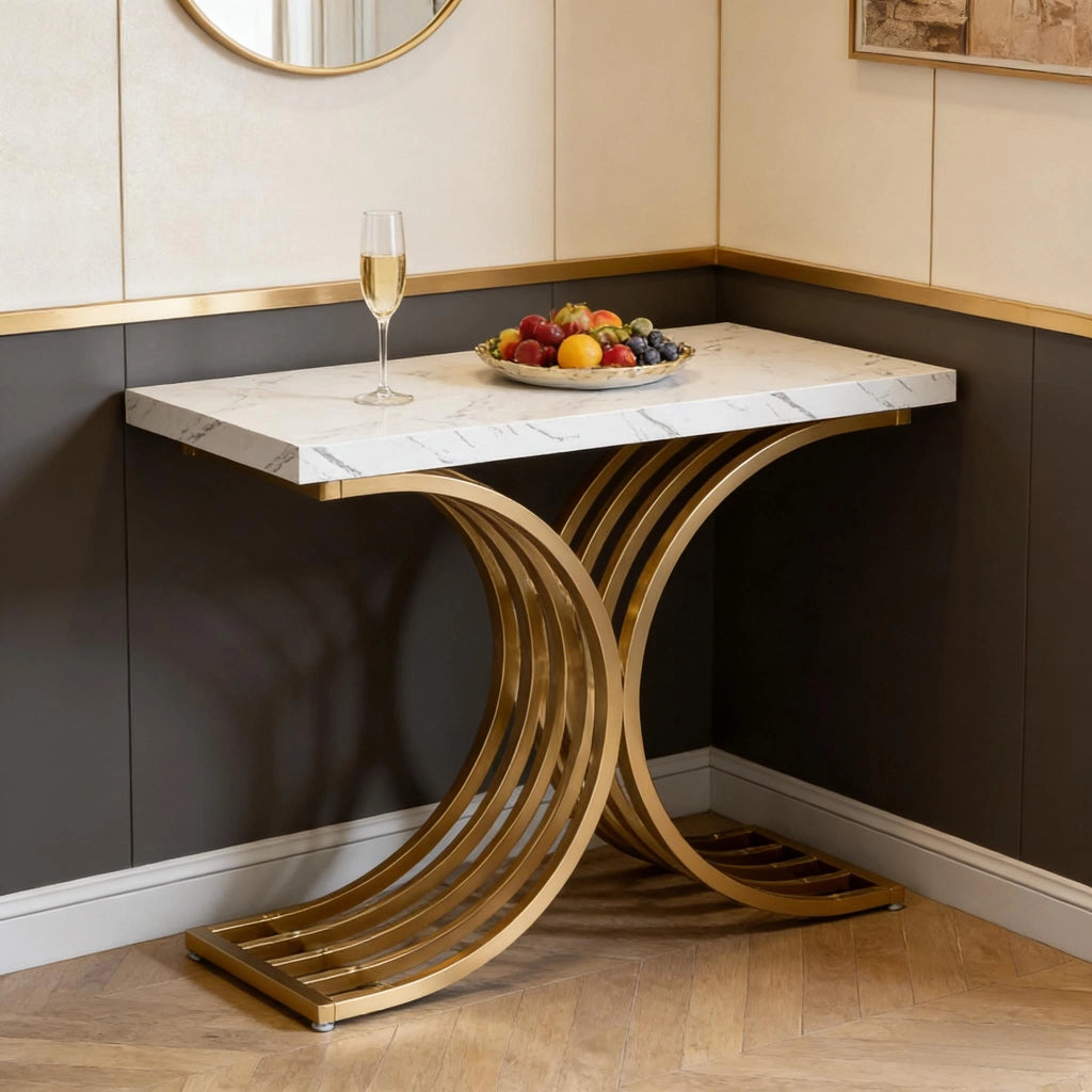 Consolle con piano rettangolare in marmo artificiale e struttura geometrica in metallo dorato per ingresso e soggiorno, 100 × 30 × 80 cm