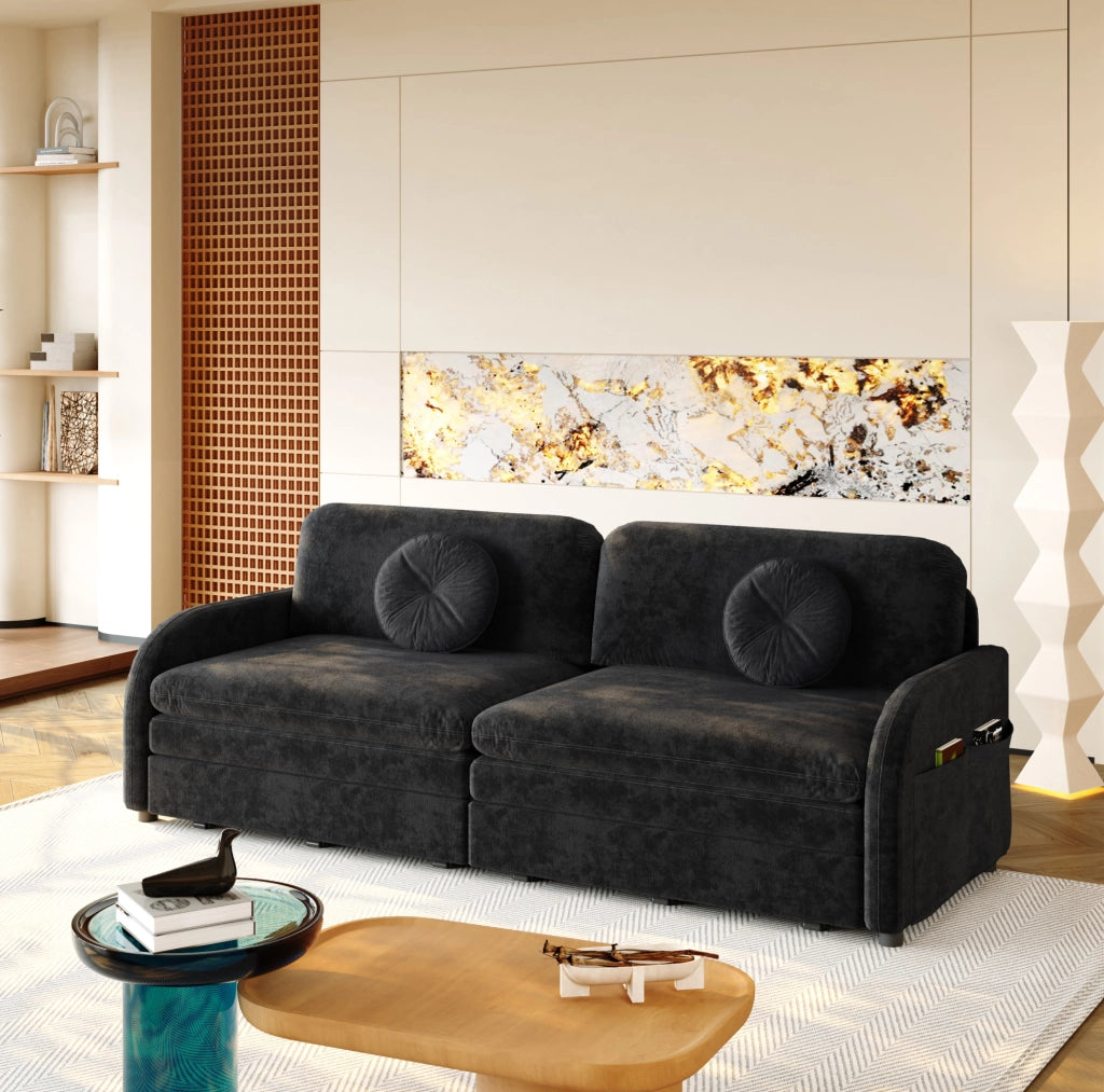 Divano Letto Estraibile King-Size 206 cm 3 Posti in Chenille Nero con Cuscini e Scomparti Laterali