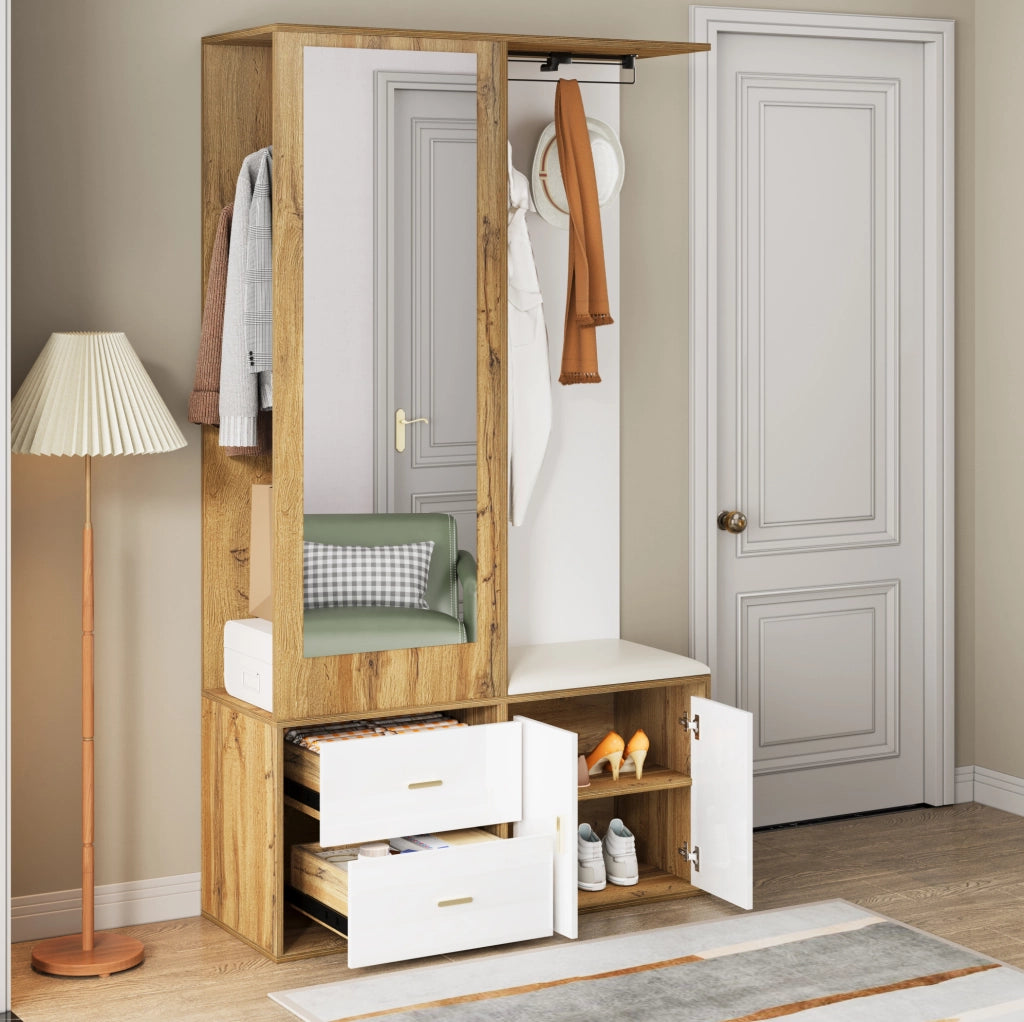 Set Appendiabiti Bianco e Legno con Specchio, Panca Scarpe e Grucce Estraibili, 100x38x180 cm