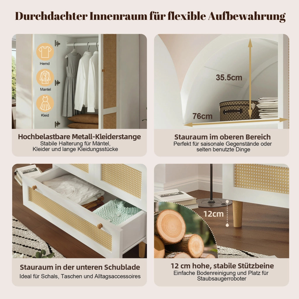 Armadio guardaroba 80x50x180 cm in MDF con ante effetto rattan; cassetto e asta appendiabiti; bianco