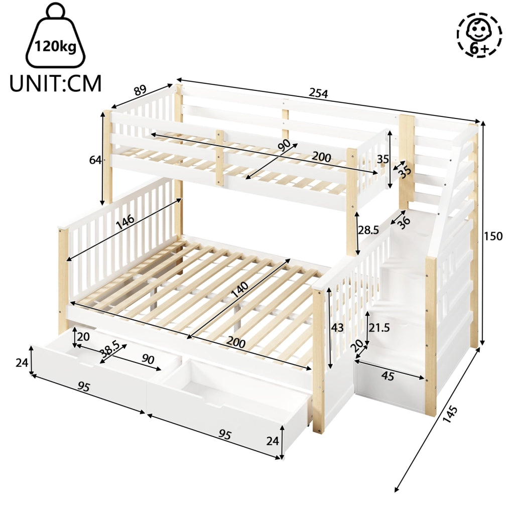 Letto a castello in pino massello 90x200/140x200 con cassetti e spazio salvaspazio, bianco e naturale, senza materasso