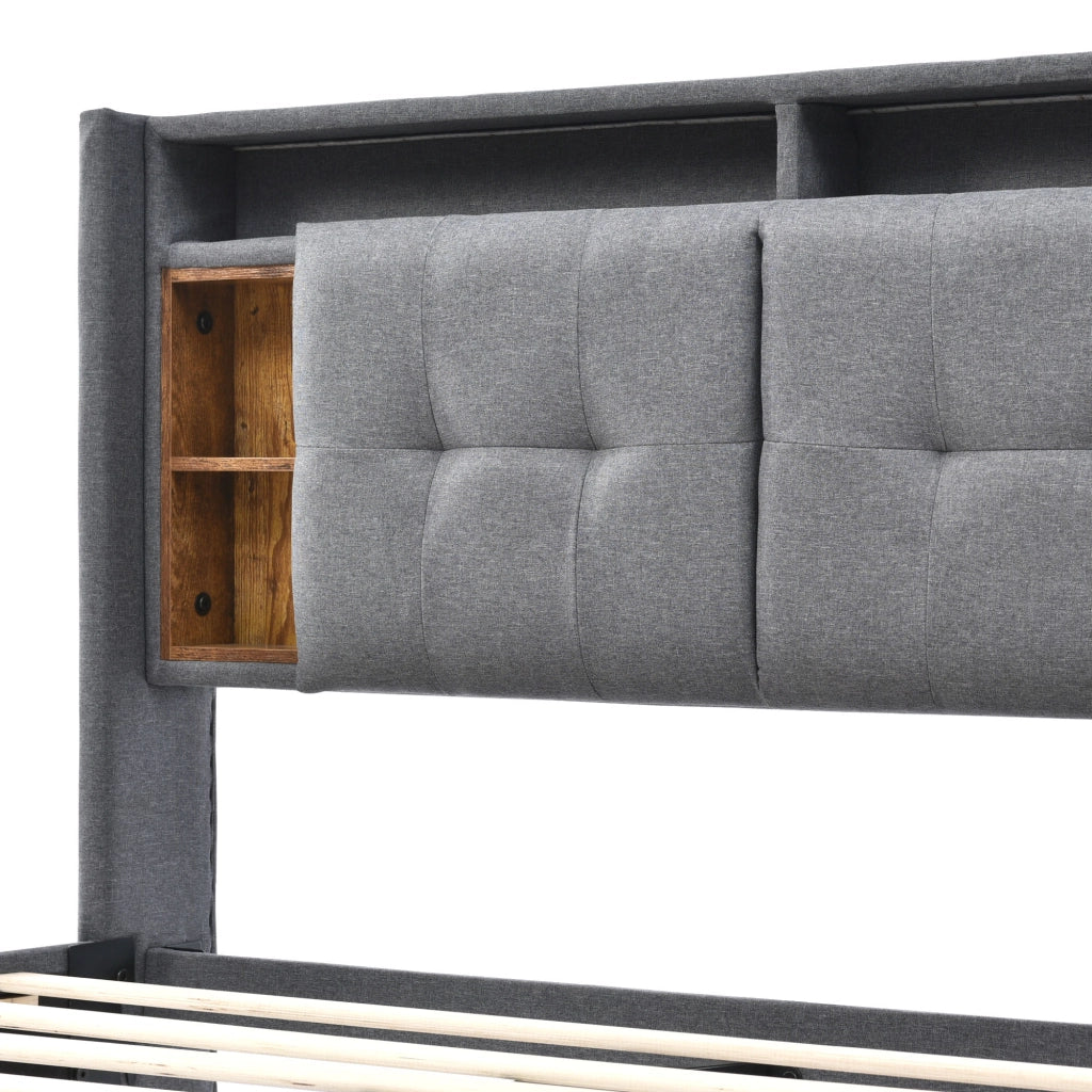 Letto matrimoniale 140 × 200 cm con testiera contenitore, prese USB e LED a colori, materasso incluso, grigio