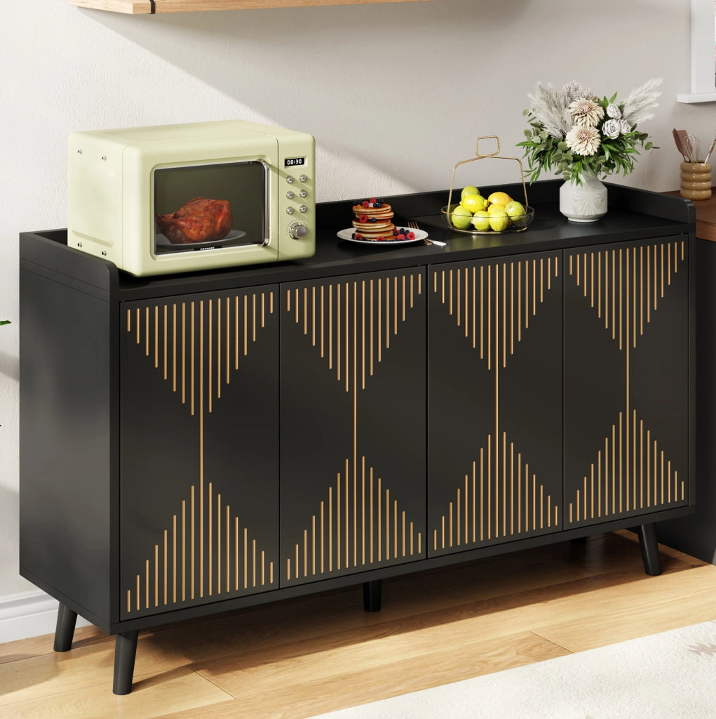 Credenza da cucina 140x40x84 cm a 4 ante con ripiani regolabili in MDF nera