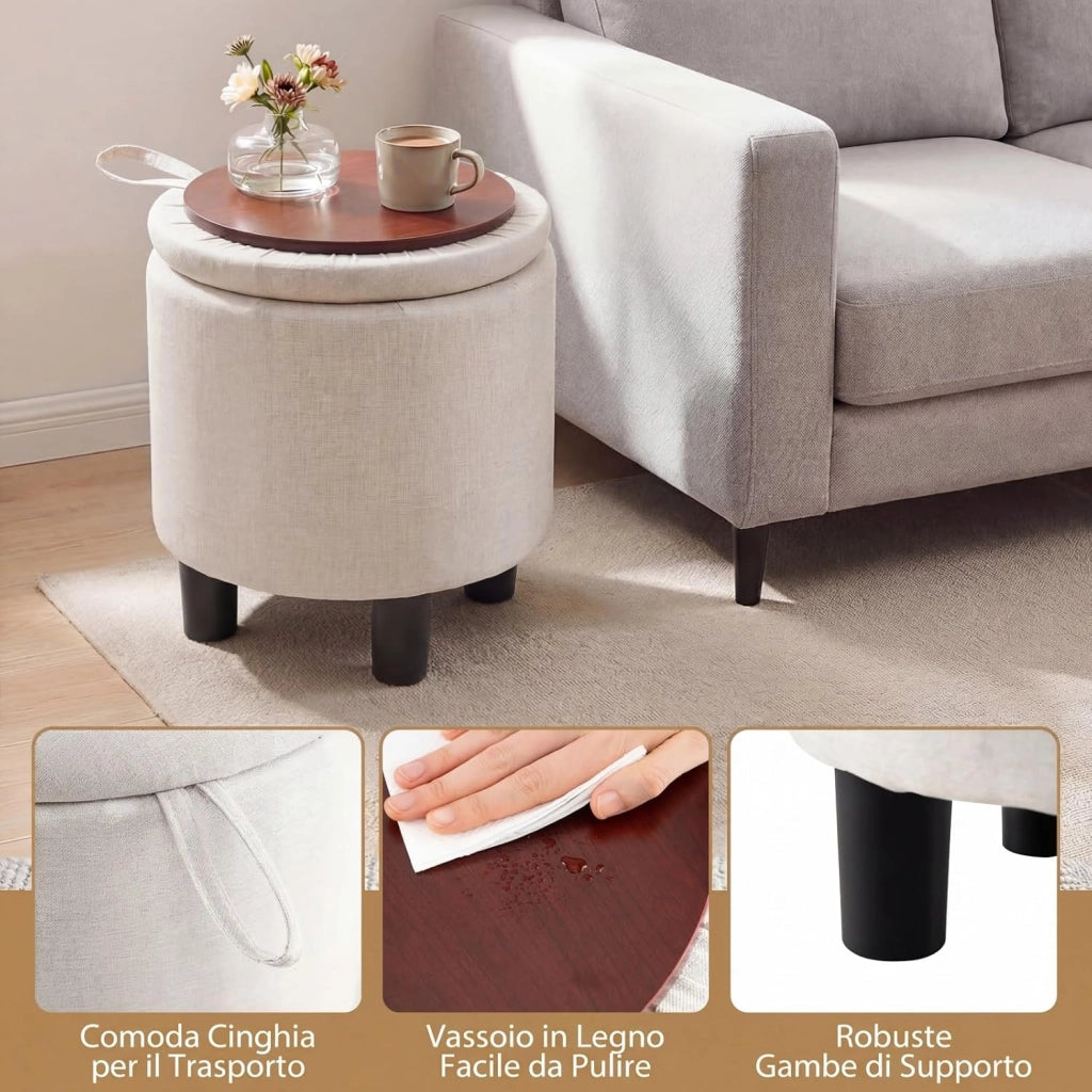 Pouf Contenitore Rotondo, Sgabello Poggiapiedi in Tessuto, con Coperchio Rimovibile, Poggiapiedi per Soggiorno e Camera da Letto, 38 x 38 x 42 cm