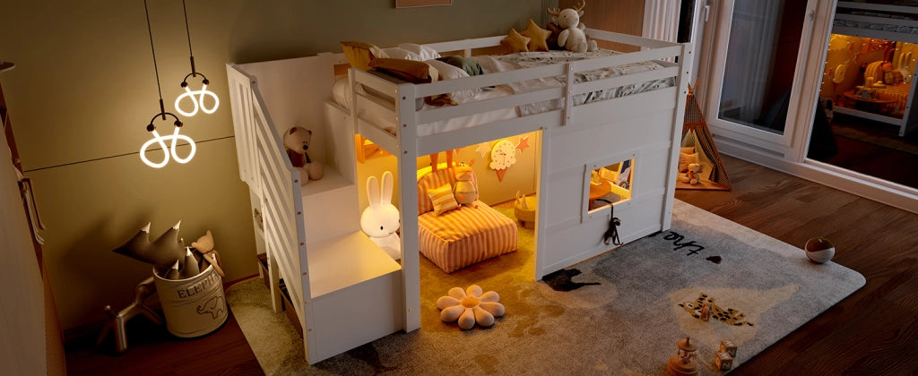 Letto a soppalco 90 x 200 cm con scala contenitore e finestra - Bianco