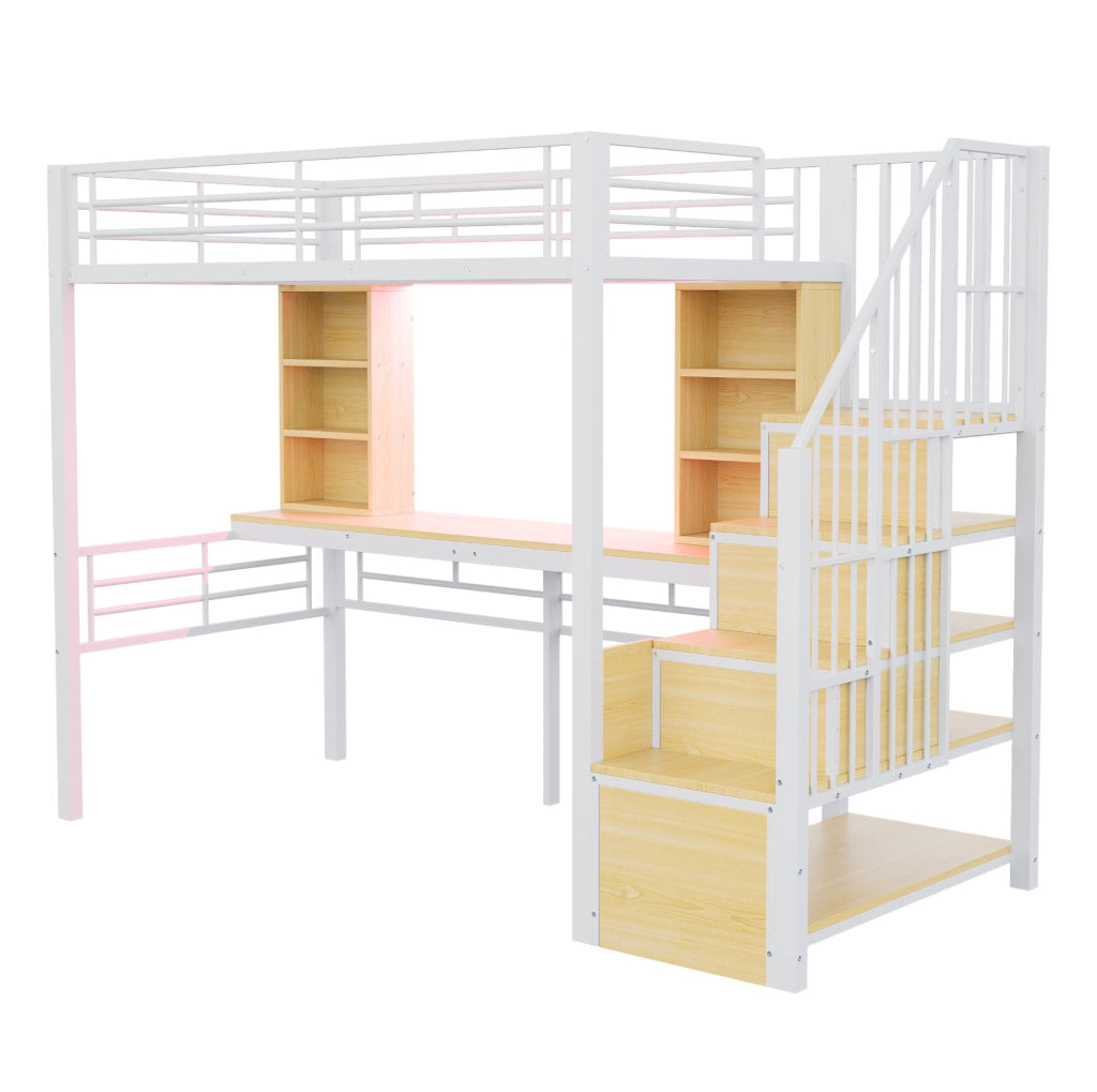 Letto a soppalco 90x200 cm con scrivania, scala contenitore e LED bianco