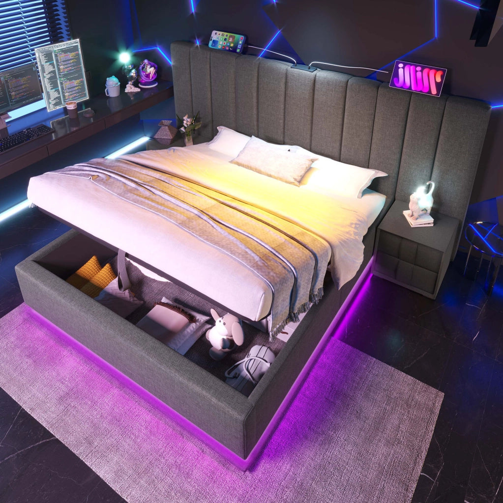 Letto matrimoniale contenitore 180x200 cm con LED; ricarica USB e materasso; grigio