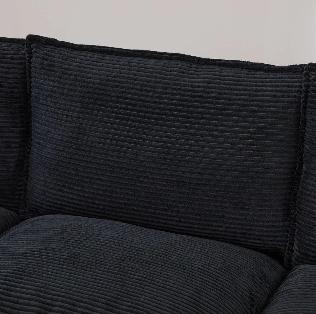Divano 2 posti in velluto a coste nero con 2 pouf, USB-C e tasche laterali