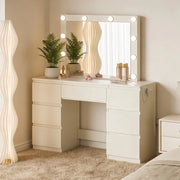 Toeletta con specchio LED dimmerabile, 7 cassetti e prese integrate in legno, bianca, 110 × 39,5 × 140,5 cm