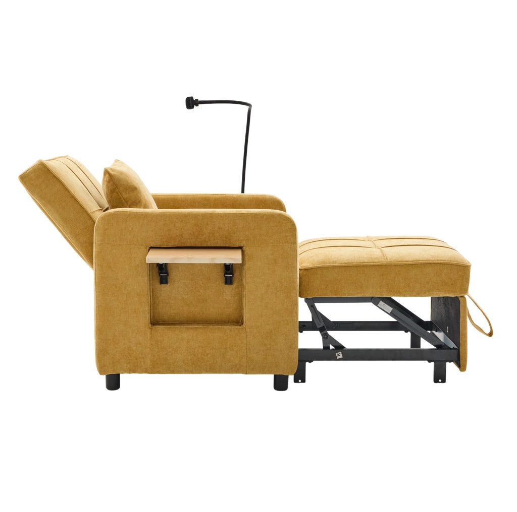 Poltrona letto 2-in-1 in chenille senape con tavolino e tasche laterali