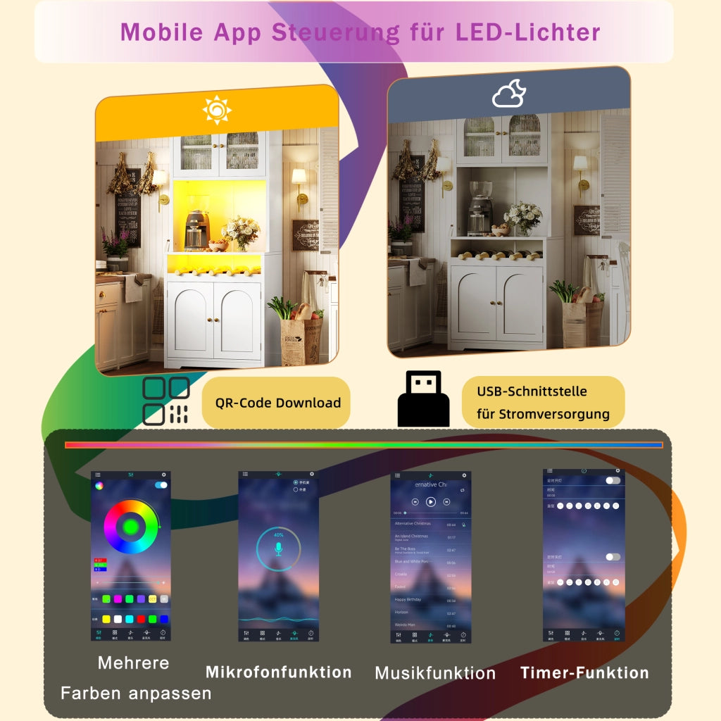 BUFETTIERA 180 cm Bianca con LED RGB App, vetri curvi e portasvino