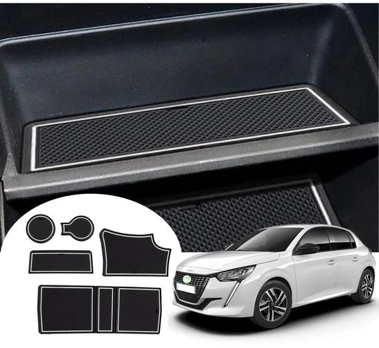 Antislipmatte per Peugeot 208 e-208 / Peugeot 2008 e-2008 Restyling 2020-2024 2025, Console centrale con supporto per braccio in gomma per Peugeot 208 2023, Piatto per contenitore, Deurnaadmatten (bianco)