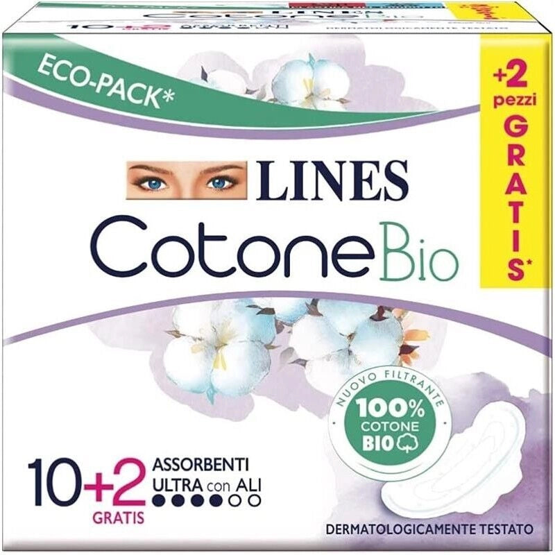 LINES ASSORBENTI COTONE BIO ULTRA  CON ALI IN CONFEZIONE 10+2 PEZZI