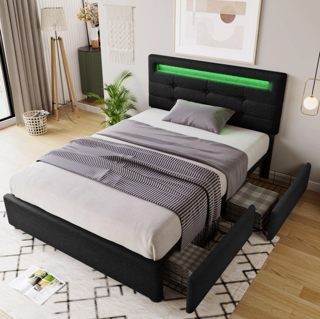 Letto singolo 90x200 cm con LED, 2 cassetti e testiera regolabile in lino nero
