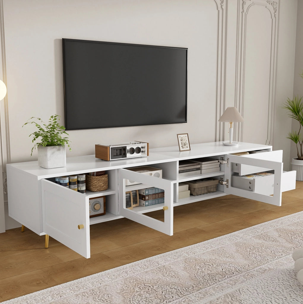 Mobile TV 170x40x43 cm bianco con 2 cassetti; 2 ante in vetro e anta HOMVRA
