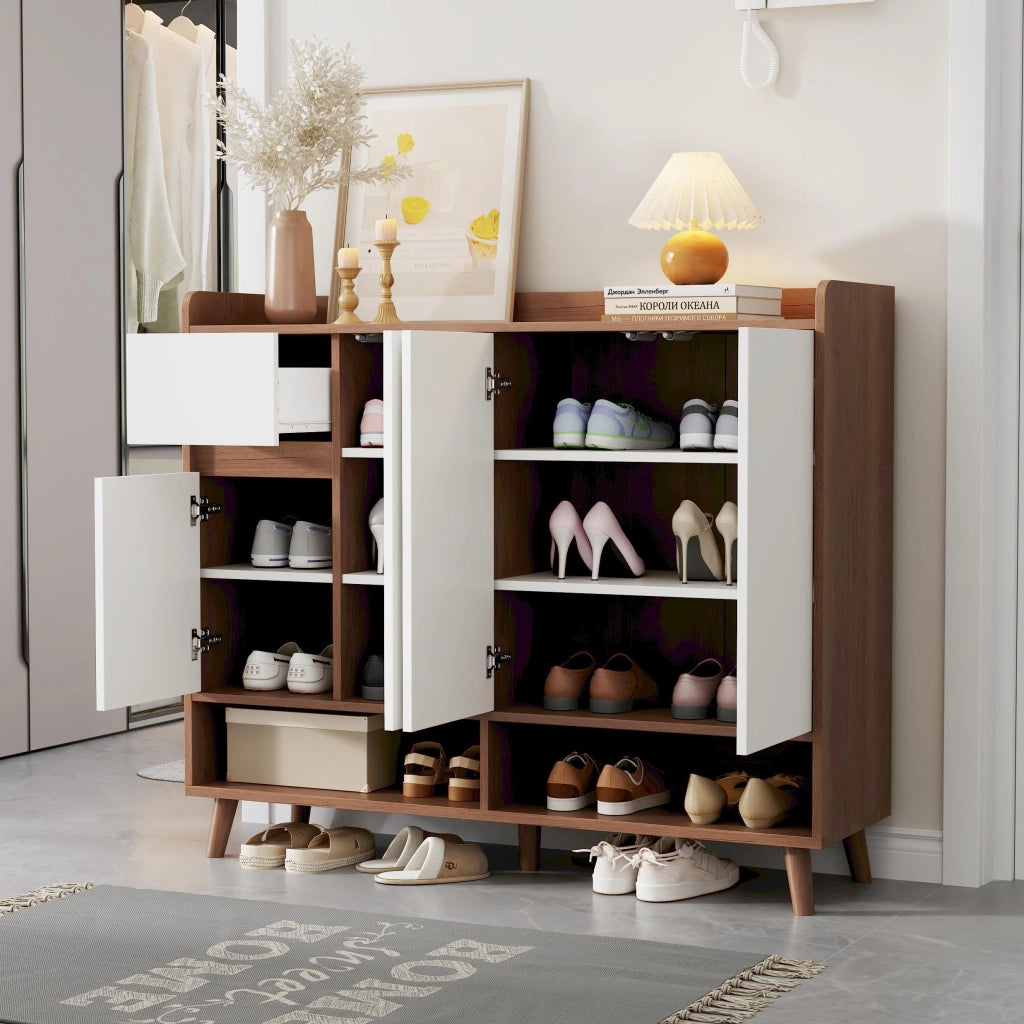 Scarpiera con 4 ante e cassetto ripiano regolabile in pannello truciolare bianco naturale 120 × 35 × 99 cm