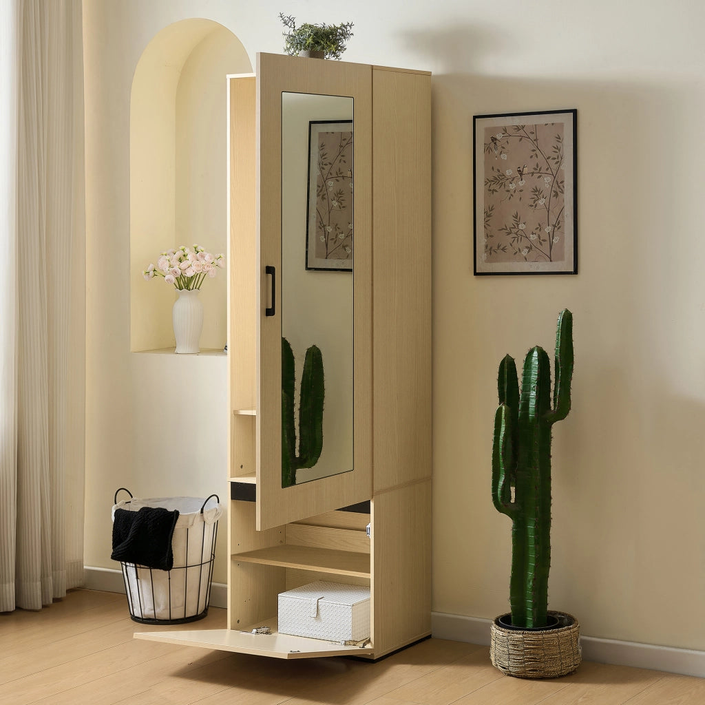 Armadio Guardaroba Stretto con Specchio e Asta Appendiabiti Estraibile in Metallo; Mobile Ingresso Salvaspazio in MDF; 54x34.5x179.5 cm; Colore Legno